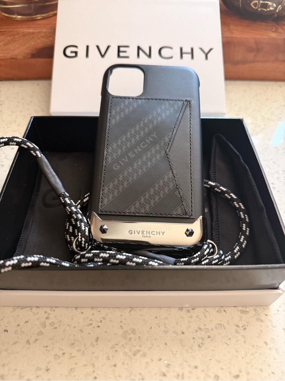 NWT Givenchy Black Leather Card Pocket Phone Case with Black-White Lanyard